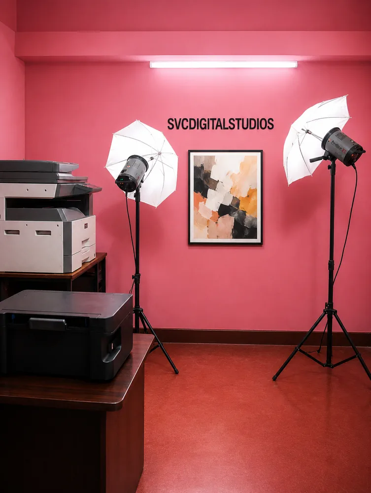 Xerox machine and studio lighting setup at SVC Digital Studios Keezhapalur